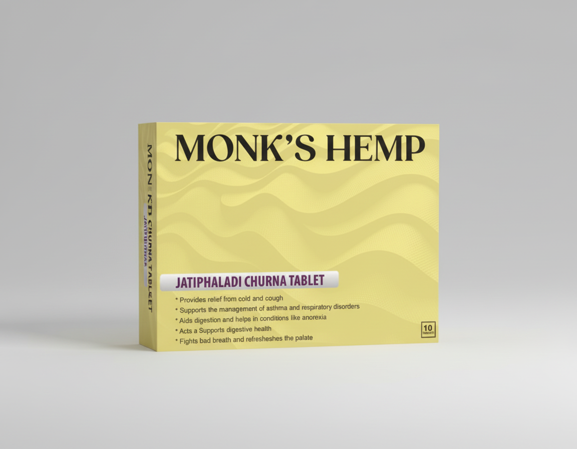Monk's Hemp Jatiphaladi Churna Tablet packaging with text on a yellow background